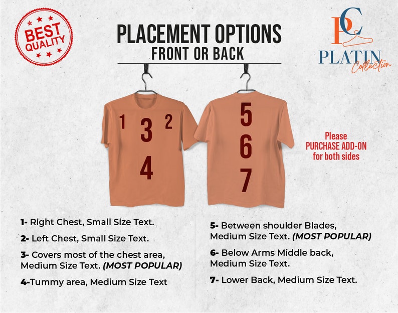 May include: Diagram showing seven different placement options for text on a t-shirt. The options are numbered 1 through 7 and include the chest, shoulder blades, back, and lower back. The text reads "Please purchase add-on for both sides".