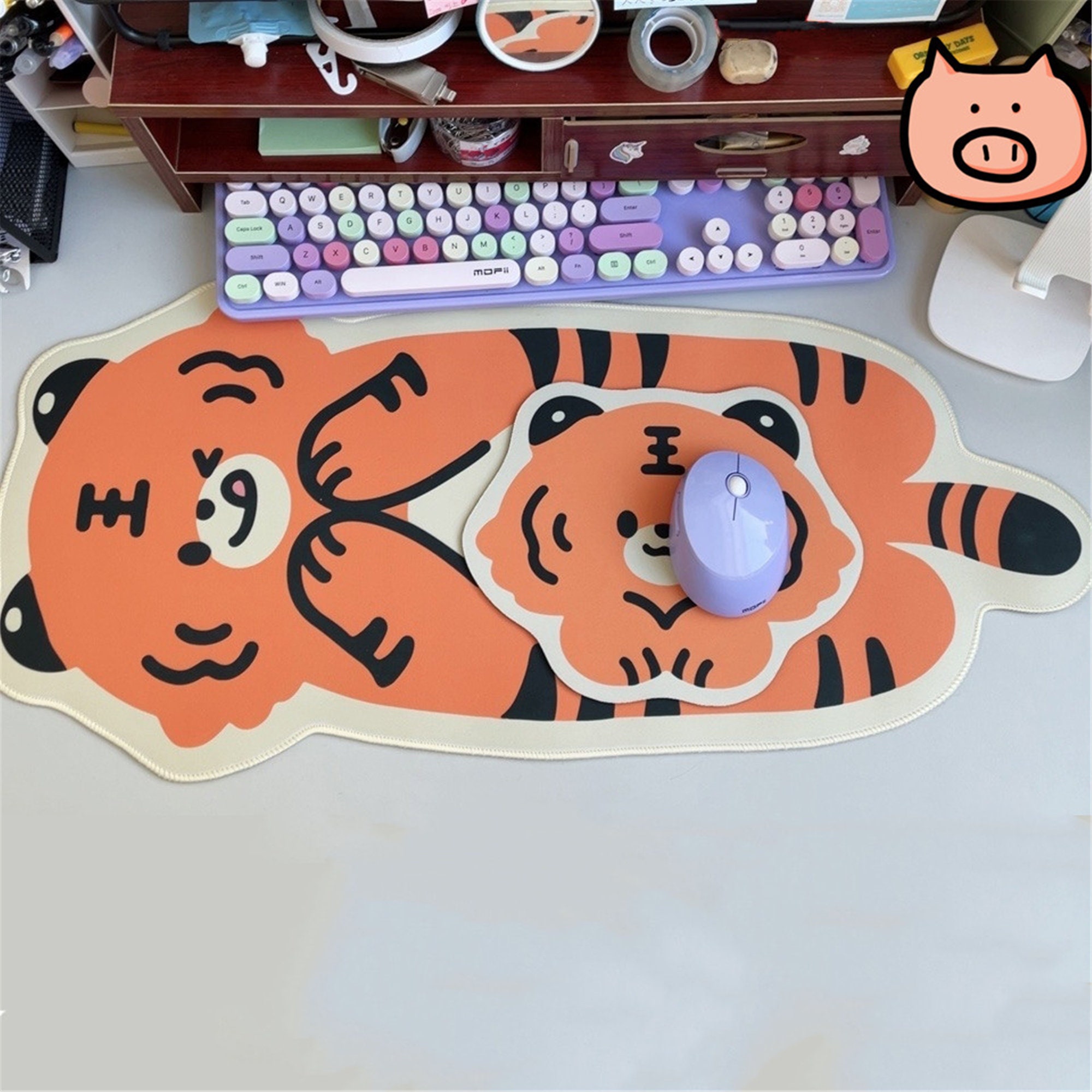 Cute Tiger Large Mouse Pad | Cartoon Tiger Cozy Desk Decor | Laptop Student Mat |Desktop Protection Decoration |Handmade from Natural Rubber