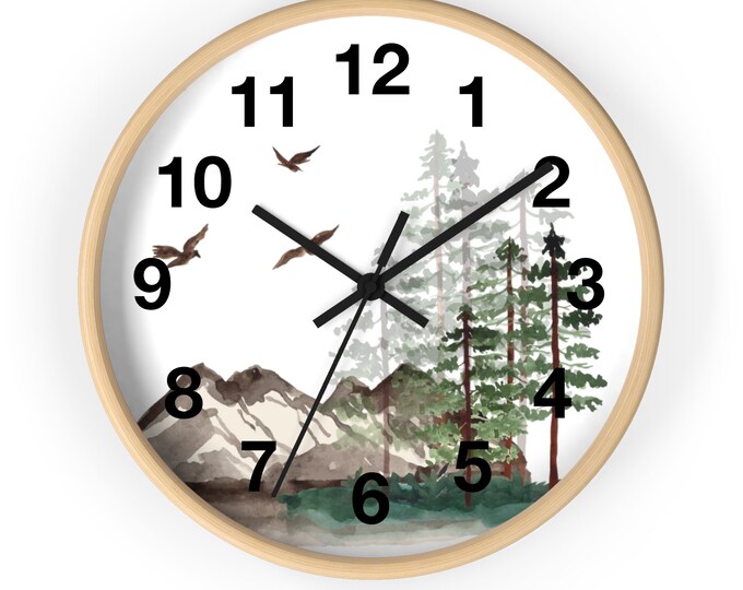 Watercolor Pine Trees and Mountains Wall Clock With Numbers, Foggy Forest Clock, Forest Wall Art, Woodland Theme Decor