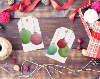 Printable Watercolor Christmas Gift Tags Red and Green Hanging Ornaments Digital Download