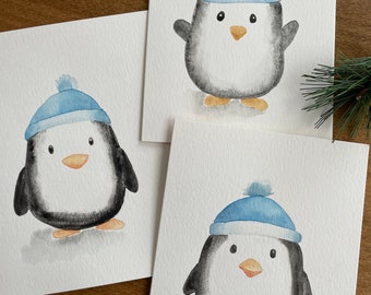 Hand-Painted Winter Penguin Watercolor Card: Holiday Greeting