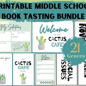 Può includere: Pacchetto di degustazione di libri stampabile per la scuola media con un tema di cactus. Il pacchetto include 21 generi diversi, un cartello di benvenuto, un menu e un foglio di risposta per gli studenti. La grafica presenta illustrazioni di cactus ad acquerello.