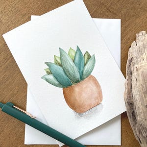 Carte de voeux succulente aquarelle peinte à la main | 5 x 7 | Enveloppe blanche unique à bords bruts incluse, carte de cactus peint, carte de plantes succulentes en pot