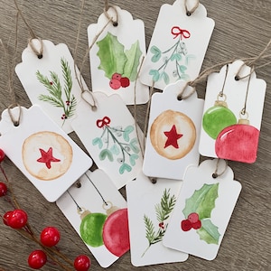 Hand Painted Gift Tags | Set of 10 Watercolor Christmas Gift Hanging Labels | Holiday Present Tags | Handmade Christmas Gift Tags