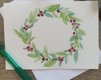 Hand-Painted Watercolor Christmas Holiday Wreath Greeting Card
