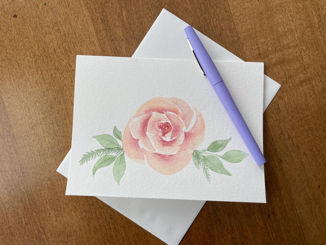 Hand Painted Pink Rose Card 5x7 – Original Watercolor Floral Greeting ...