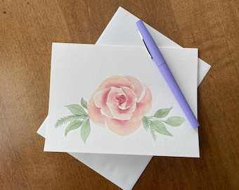 Hand Painted Pink Rose Card 5x7 – Original Watercolor Floral Greeting Card – One of a Kind – Blank Inside