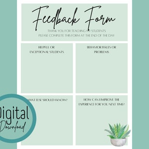 Formulario de comentarios sustitutos imprimible / Subcomunicación temática de cactus para maestros / Carta sustituta verde / Subformulario de descarga instantánea