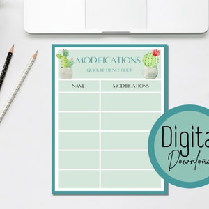 Op de afbeelding: Printbare digitale download van een groene en witte cactus-thema snelle referentiehandleiding voor aanpassingen. De gids heeft een kolom voor namen en een kolom voor aanpassingen. De tekst "MODIFICATIONS QUICK REFERENCE GUIDE" staat bovenaan de pagina.