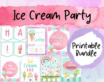 Ice Cream Party Printable Bundle: Invitations, Banner, Signs (PDF)