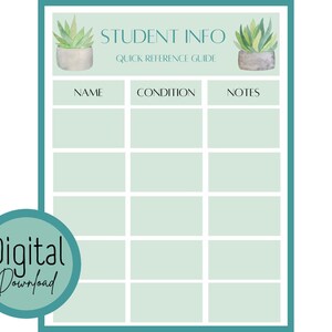Op de afbeelding: Een printbaar studenten-informatieblad met een groene achtergrond en een succulenten-plantenillustratie in de bovenhoeken. Het blad is verdeeld in drie kolommen met de labels "Naam", "Conditie" en "Notities".