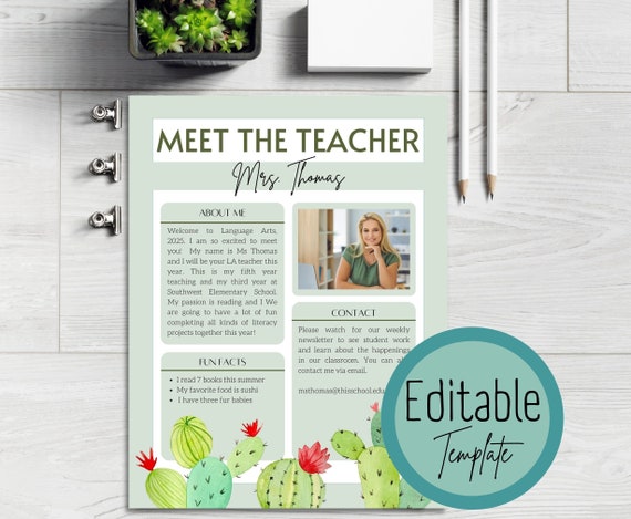 Watercolor Cactus Theme meet the Teacher Template - Etsy