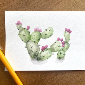 Aquarelle peinte à la main avec cactus figue de barbarie | Blanc 5 x 7 à l'intérieur | Pour un anniversaire, une retraite, une pendaison de crémaillère, une douche, toutes les occasions