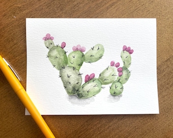 Hand-Painted Prickly Pear Cactus Watercolor Greeting Card: Blank 5x7 Card