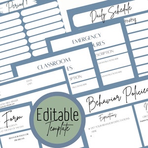 May include: Editable classroom management templates in blue and white with headings such as "Period 1", "Daily Schedule", "Emergency Procedures", "Classroom Rules", "Behavior Policies", and "Feedback Form".