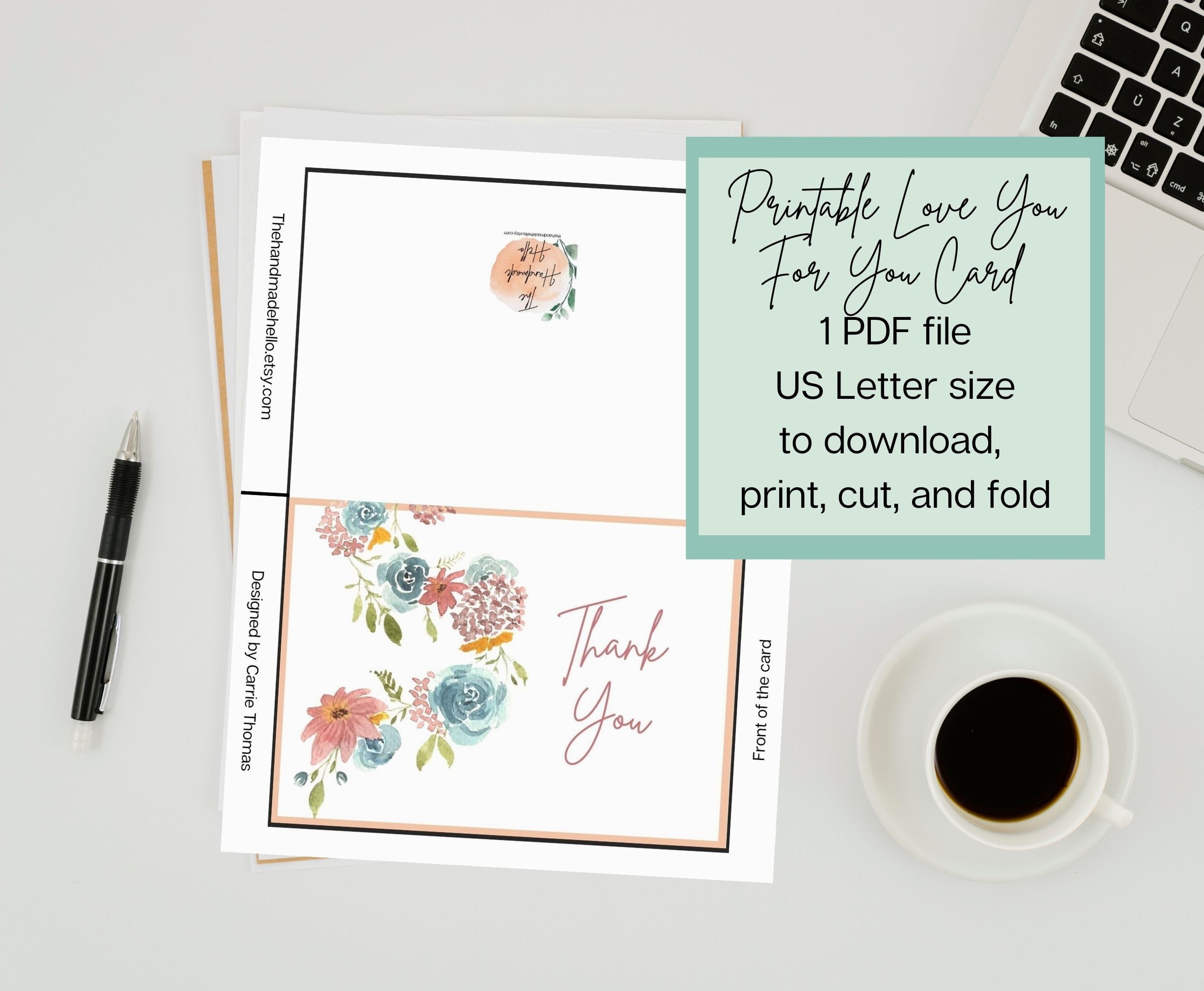 Printable Thank You Card Watercolor Floral Greeting Card Digital ...