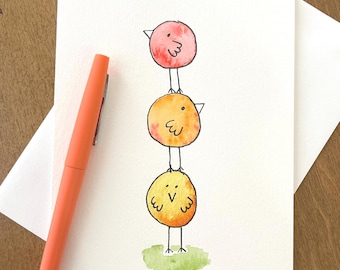Hand Painted Watercolor Bird Card 5x7 – Whimsical Bird Greeting Card – Original Art Card – Blank Inside – One of a Kind