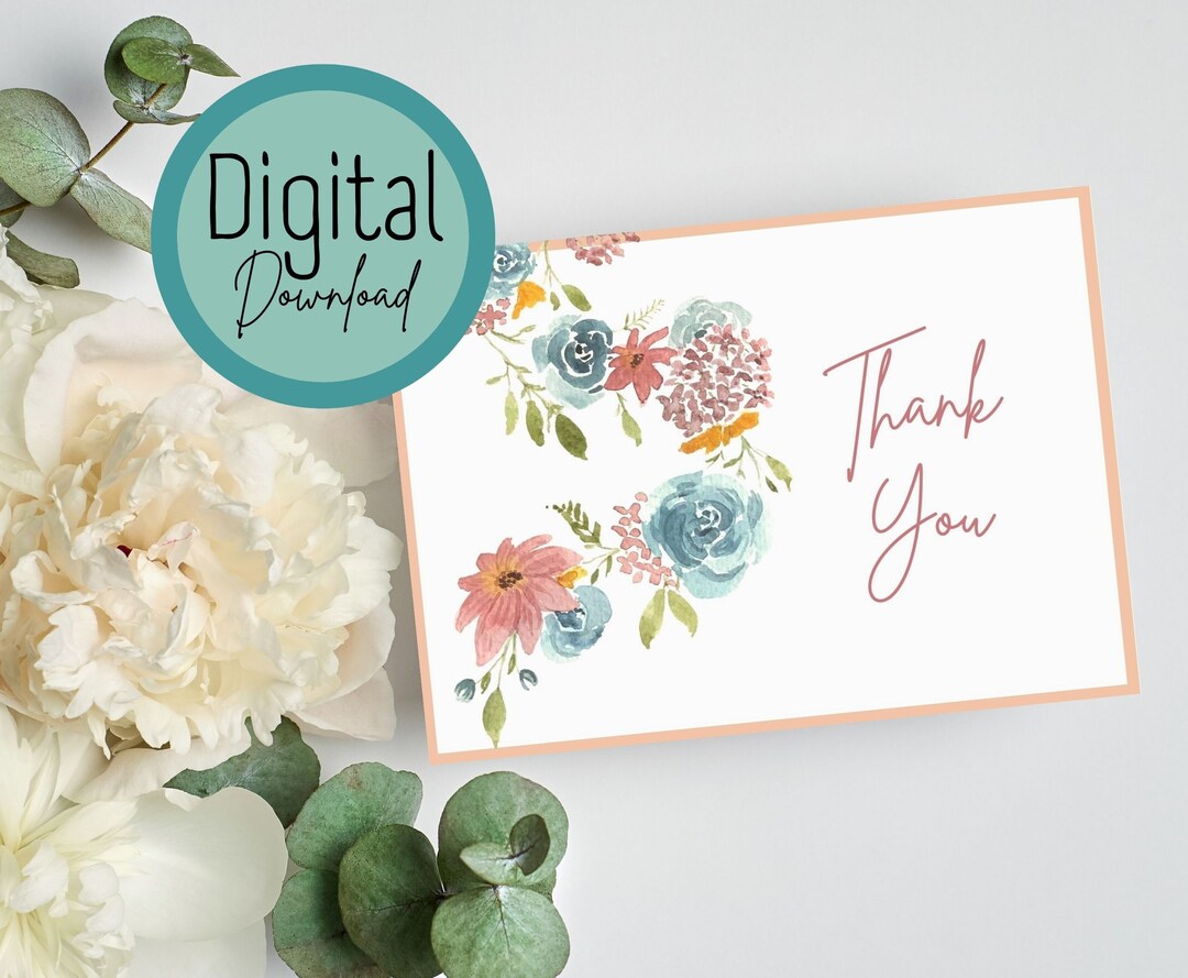 Printable Thank You Card Watercolor Floral Greeting Card Digital ...