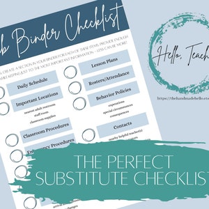 Substitute Checklist | What to put in my Sub Binder? | Secondary Classroom Organization for Teacher | For Middle School or High School Subs