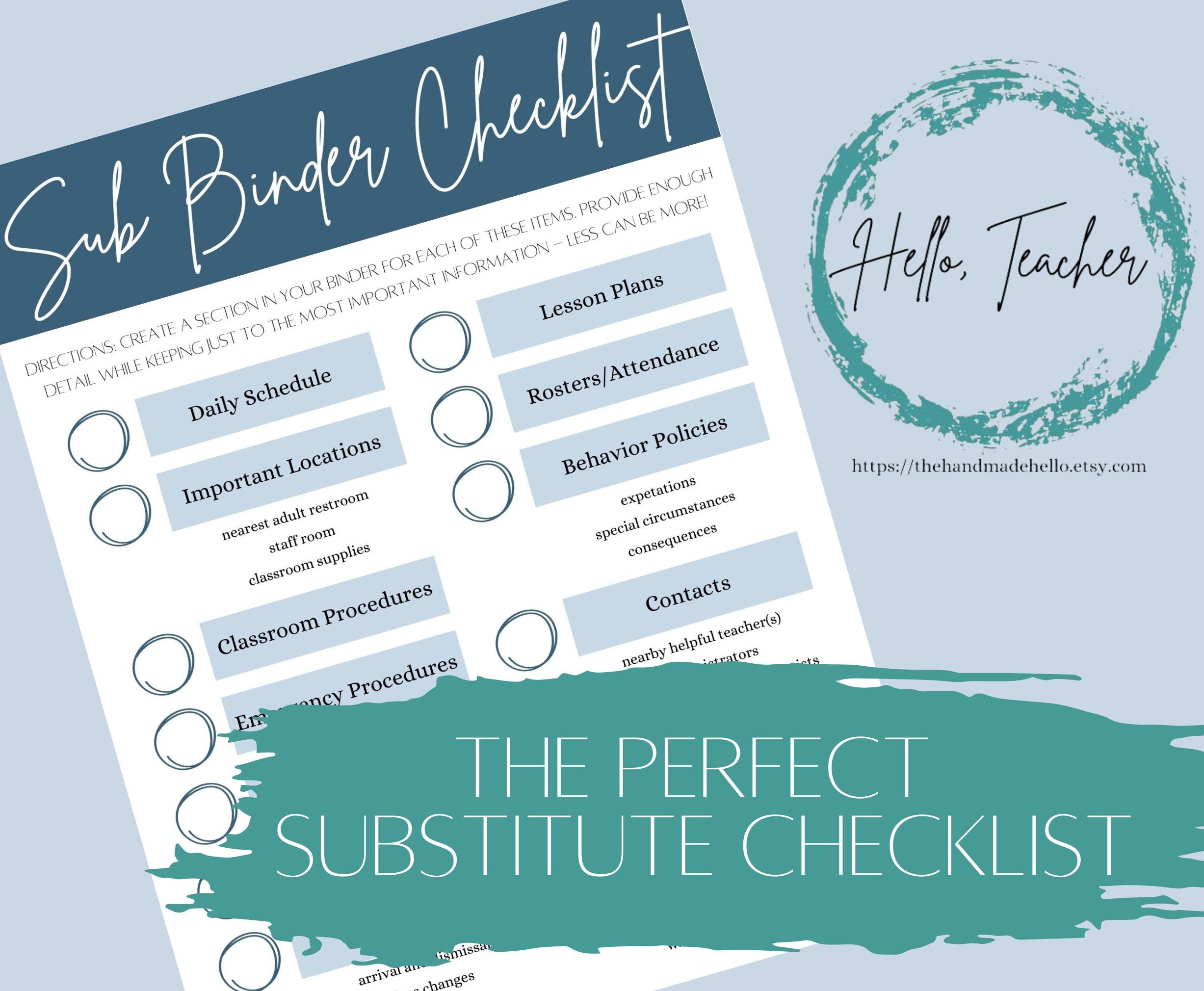 Substitute Checklist What to Put in My Sub Binder Secondary Classroom Organization for Teacher