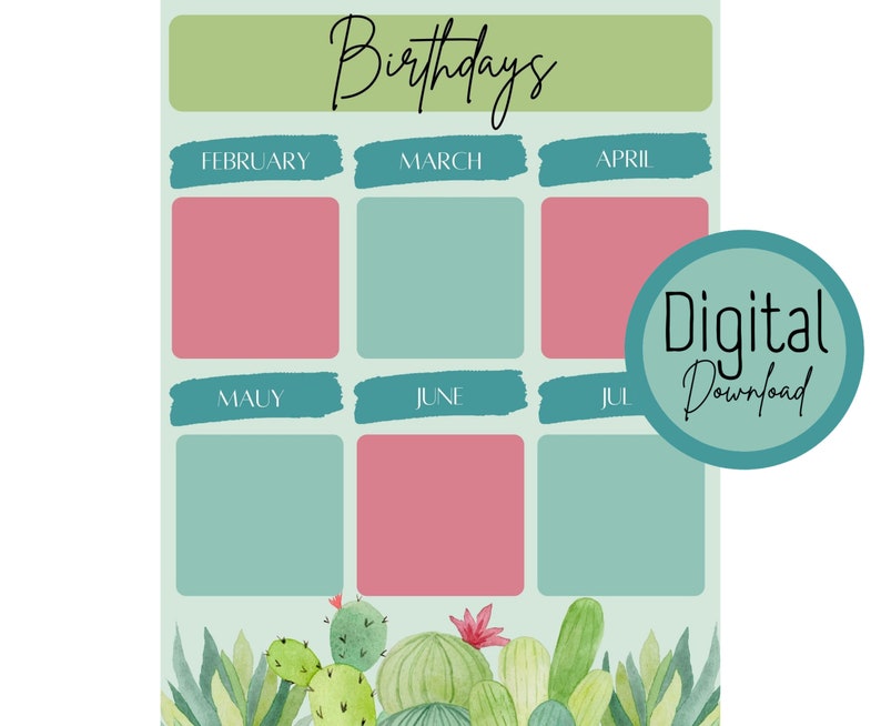 Cactus Themed Birthday List for Teacher Binder | Printable Classroom ...