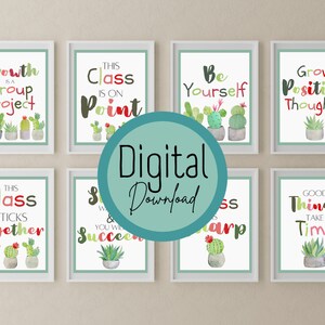 Druckbare Inspirierende Poster Bundle | 8 Aquarell Kaktus Motivationsposter | Kaktus Klassenzimmer Wand Kunst Sofort Download | Wandschilder