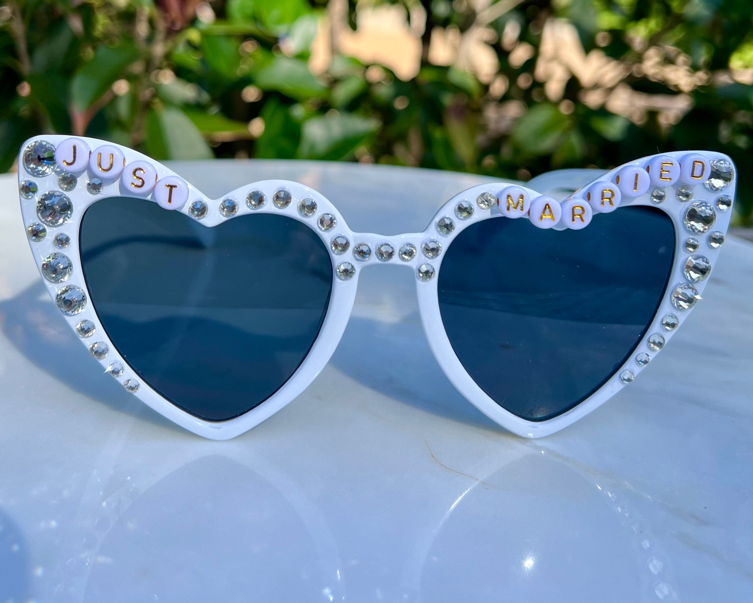 Nordstrom Silver Rhinestone Heart Sunglasses with \'JUST MARRIED\' Beads Bride To Be Diamante Beaded Heart Shaped Sunglasses – AMAE  main image 4