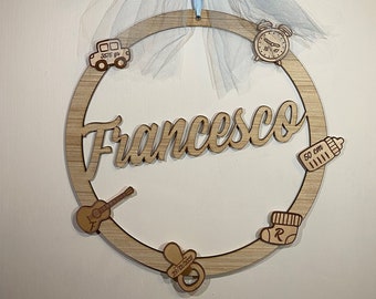 Personalized birth bow with wooden name / Wooden plaque door bedroom decoration / Engraved garland / Out-of-door baby girl