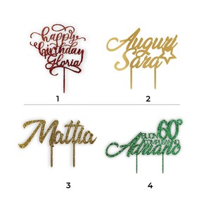 Cake Topper Compleanno Decorazione in plexi glitter per torta per compleanno personalizzato con il tuo nome e intagliato nel materiale immagine 1