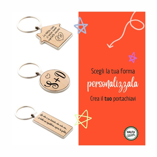 Porte-clés personnalisé, Porte-clés en bois et acier de différentes formes, Gravure au laser de noms, phrases, dédicaces pour un cadeau parfait