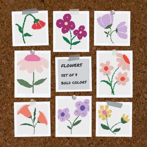 May include: Set of eight printable flower cross stitch patterns in bold colours. The patterns are titled "Flowers, Set of 8, Bold Colours".