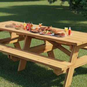 May include: A wooden picnic table with two benches, set up on a grassy lawn. The table is set with food and drinks, including sandwiches, chips, and drinks.