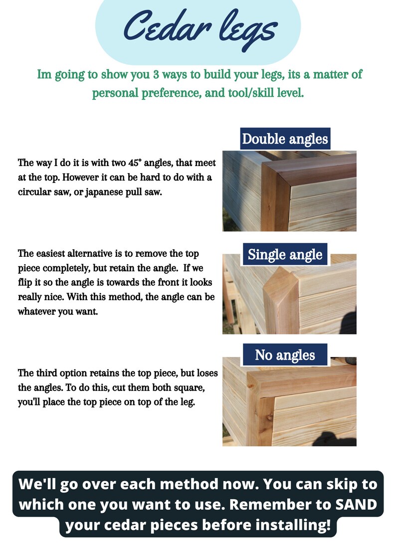 A look at the inside of the raised garden bed plans which show that there are 3 ways to build the legs, from novice to more experienced DIY enthusiasts.