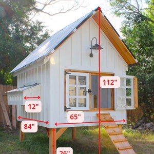 An image of the chicken coop with measurements overlayed on the image. Showing that the chicken coop is 65 inches wide, 84 inches long. The chicken coop plans show how to build it 26 inches tall, with 112 roof, plus a 12 by 48 nesting boxes