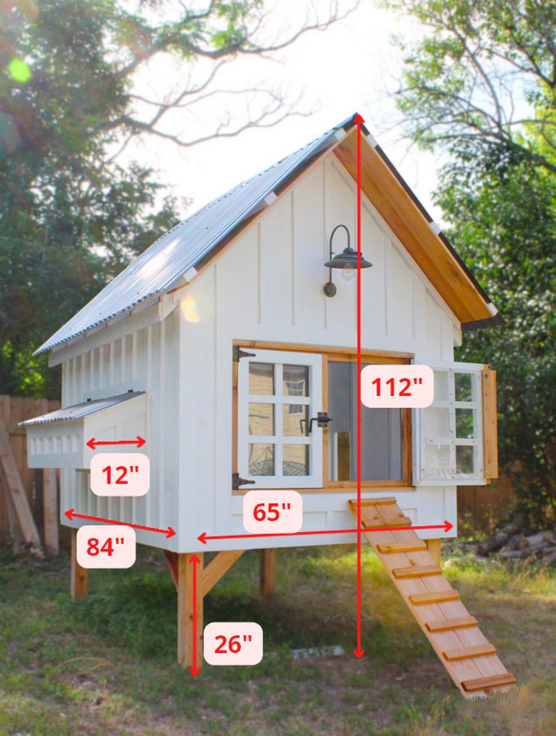 An image of the chicken coop with measurements overlayed on the image. Showing that the chicken coop is 65 inches wide, 84 inches long. The chicken coop plans show how to build it 26 inches tall, with 112 roof, plus a 12 by 48 nesting boxes