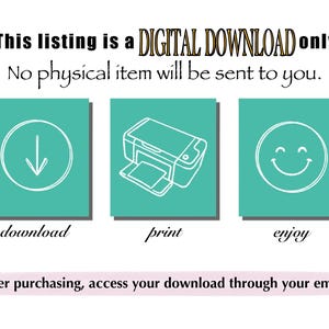 Pu&ograve; includere: Una grafica di download digitale con tre icone. La prima icona &egrave; una freccia verso il basso in un cerchio, la seconda icona &egrave; una stampante e la terza icona &egrave; un'emoticon sorridente. Il testo sotto le icone dice "scarica, stampa, divertiti". Il testo in fondo alla grafica dice "Dopo l'acquisto, accedi al tuo download tramite la tua email."