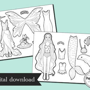 paper doll digital - Fairy wings - mermaid tail - colouring pages for kids - party favors for kids - coloring pages - fairy coloring page