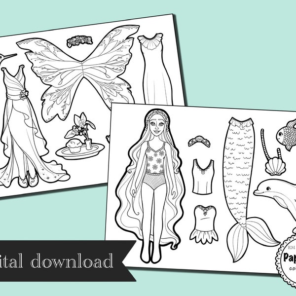 paper doll digital - Fairy wings - mermaid tail - colouring pages for kids - party favors for kids - coloring pages - fairy coloring page