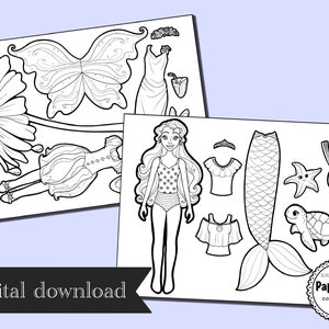 Muñeca de papel en PDF - Dibujo de hada - Vestido de sirena - Hojas para colorear - Bajo el mar - Colorear el océano - Arte de hadas - Manualidades de papel - Imprimibles