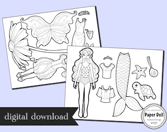 Paper doll pdf - fairy drawing - mermaid dress - colouring sheets - under the sea - ocean coloring - fairy art - paper craft - printables