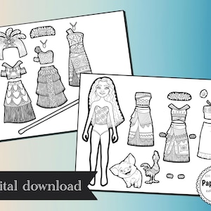 May include: Black and white printable paper doll of a girl with long hair and a variety of outfits, including a skirt, top, and headbands. The paper doll is ready to be colored in. The image also includes the text "Paper Doll colouring page".