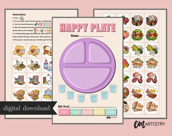 May include: A printable happy plate activity for kids. The activity includes a purple plate divided into four sections labeled "fruit", "veggie", "protein", "grains", and "dairy". There are also several food squares to cut out and glue onto the plate.