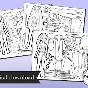 Puede incluir: Tres páginas para colorear de muñecas de papel en blanco y negro con atuendos y accesorios. Las páginas presentan ilustraciones delineadas de muñecas de papel y ropa. Las palabras "digital download" están en la parte inferior de la imagen.