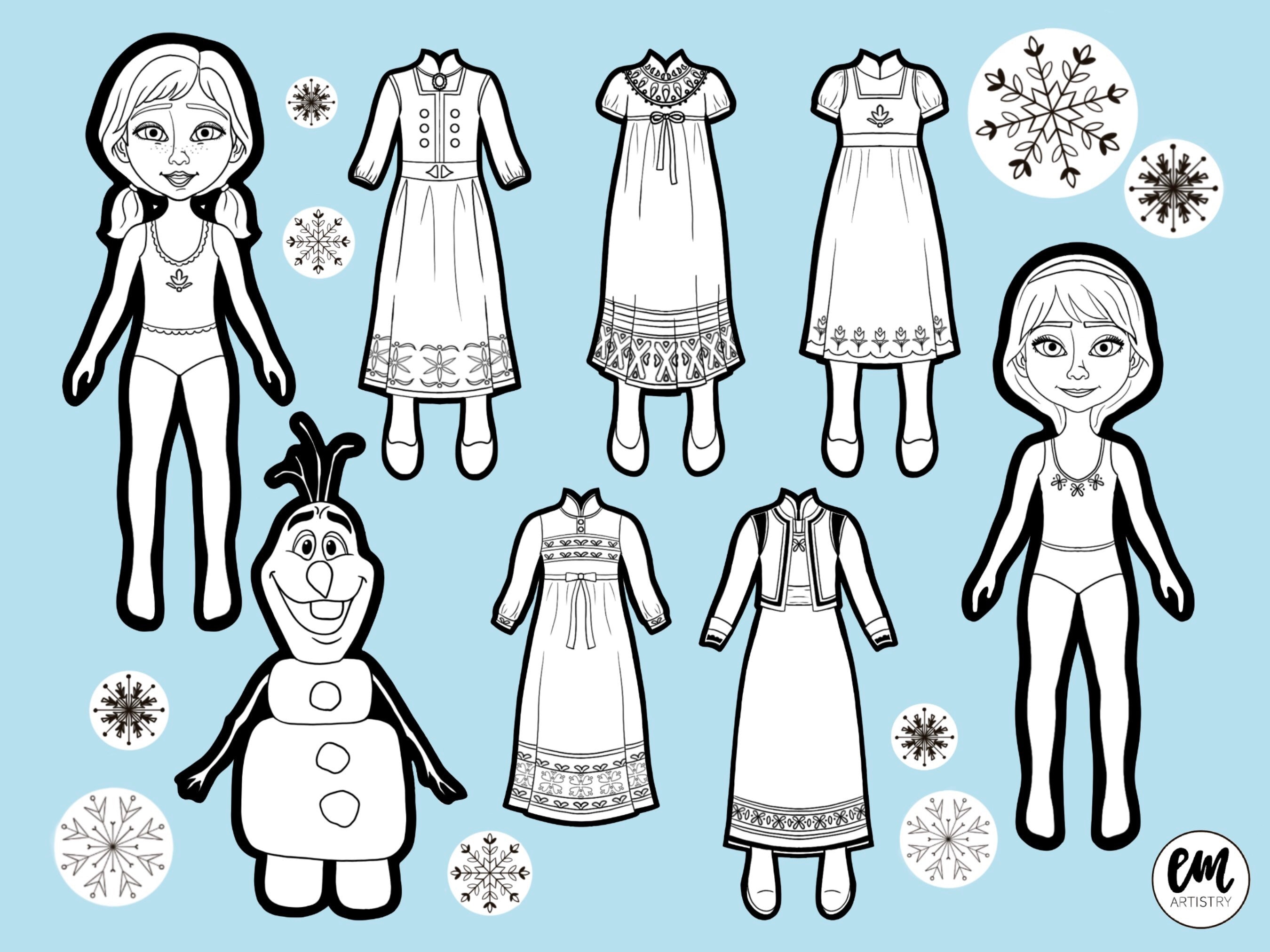 little anna elsa paper dolls etsy