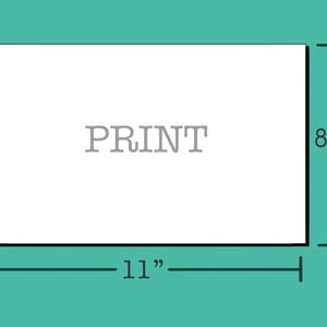 Pu&ograve; includere: Una stampa rettangolare bianca con la parola "PRINT" in testo grigio. La stampa misura 11 pollici per 8,5 pollici.