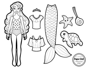 Bambola di carta pdf disegno di fata vestito da sirena fogli