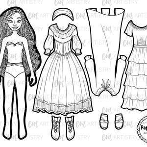Pu&ograve; includere: Una bambola di carta in bianco e nero con una variet&agrave; di opzioni di abbigliamento, tra cui un vestito, una gonna e scarpe. La bambola &egrave; pronta per essere colorata.