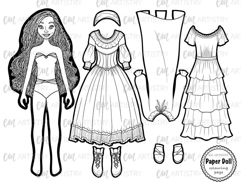 Pu&ograve; includere: Una bambola di carta in bianco e nero con una variet&agrave; di opzioni di abbigliamento, tra cui un vestito, una gonna e scarpe. La bambola &egrave; pronta per essere colorata.