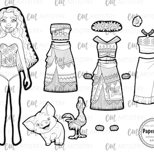 May include: A black and white printable paper doll of a girl with long curly hair. The doll has multiple outfits to color and cut out, including a skirt, top, and flower crown. The image also includes a pig and a rooster.