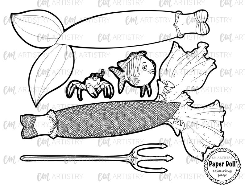 Pu&ograve; includere: Bambola di carta stampabile in bianco e nero di una sirena con un pesce, un granchio e un tridente. La sirena ha una lunga coda fluida con squame e una corona. Il pesce ha una grande pinna e una piccola bocca. Il granchio ha otto zampe e due chele. Il tridente ha tre punte.